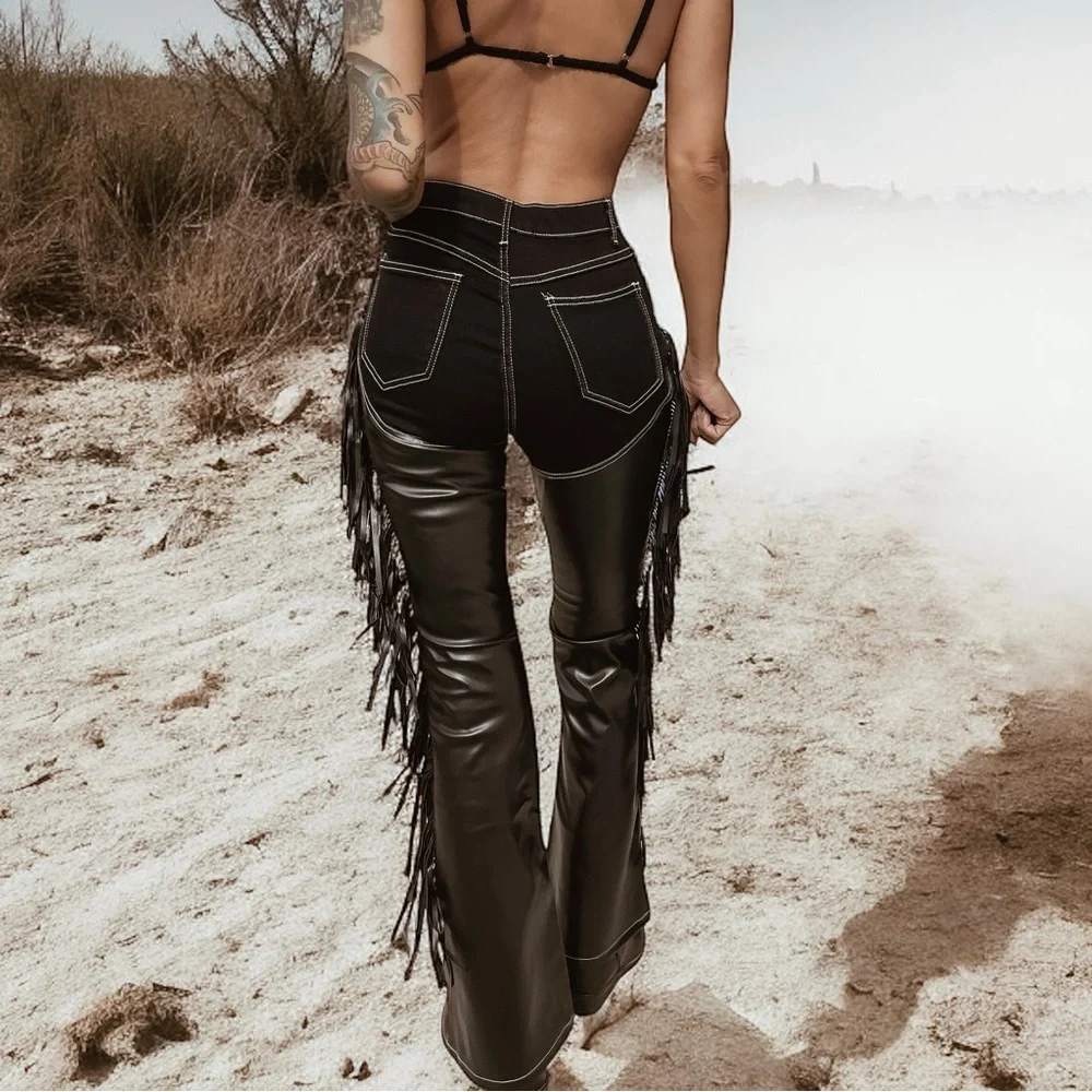 Western cowgirl chaps jeans, fringe denim, festival fringe pants - Picture 5 of 11